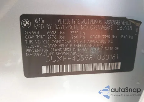 2008 BMW X5 3.0Si z USA, uszkodzony, nr VIN 5UXFE43598L030181